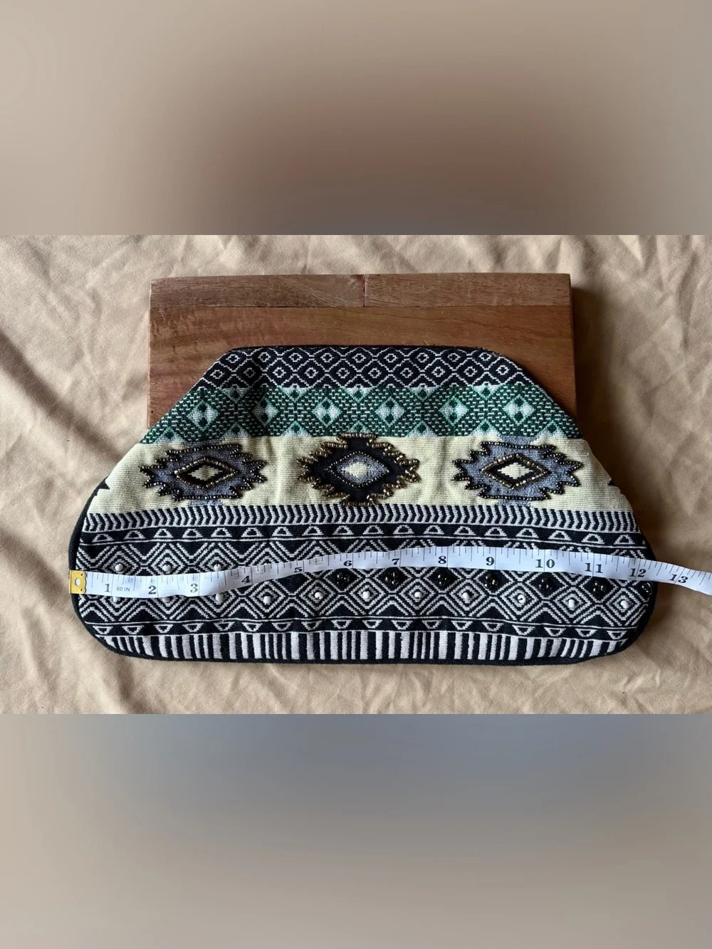 Green and Black Beaded Tribal Clutch